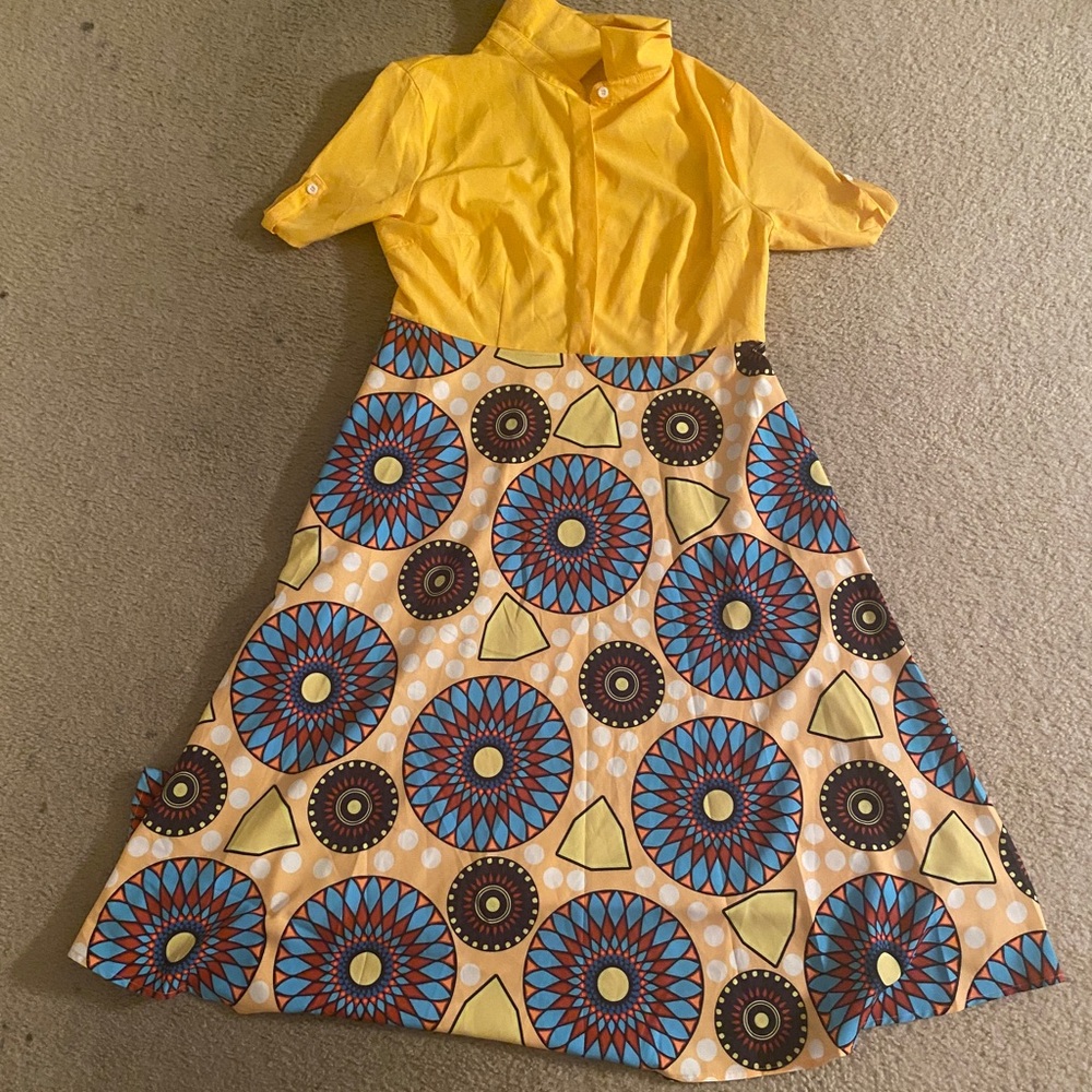 Tribal Print Pocket Belted Yellow Shirt Collar Dress